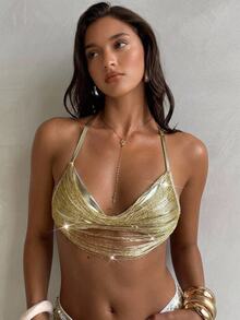 Aloruh Women's Solid Gold Bikini Top With Tassel,Rhinestone,White,Summer,70s Retro,Holiday,Party,Holiday Y2K Rave Music Festival Beach Vacation Top - Gold - View 9