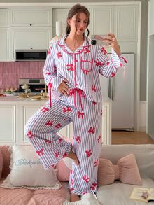 Slumberry CURVE Plus Size Sweet Striped Bow & Heart Pajama Set - Multicolor - View 1