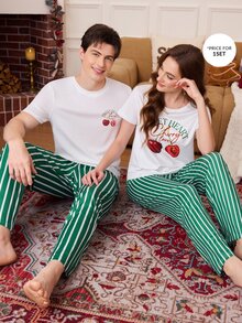 CoupledUp طقم بيجامة بأكمام قصيرة وبنطال طويل بطبعة مخططة باللون الأخضر الكرزي - متعدد الألوان - مشاهدة 8