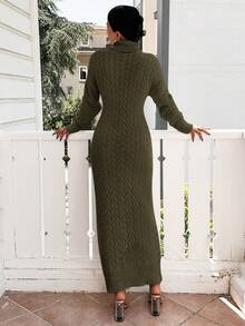 EURMUSE Turtleneck Drop Shoulder Cable Knit Longline Sweater Dress Without Belt - Khaki - View 3
