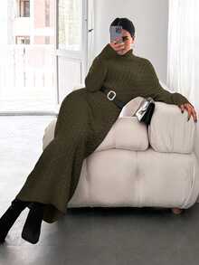 EURMUSE Turtleneck Drop Shoulder Cable Knit Longline Sweater Dress Without Belt - Khaki - View 6