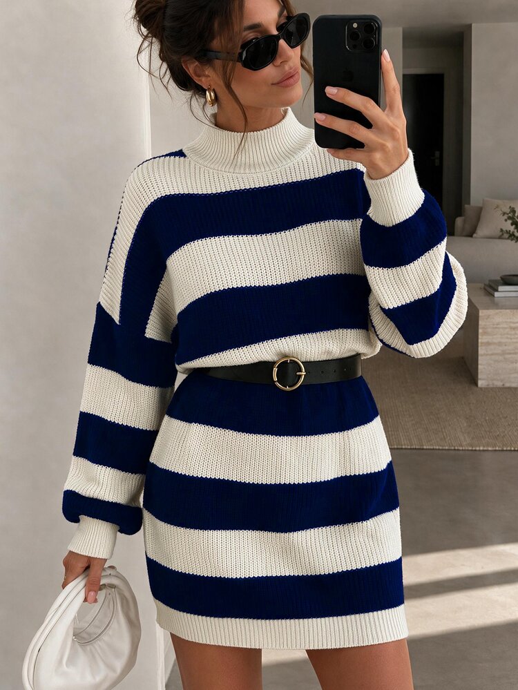 EURMUSE Women Drop Shoulder Sweater Dress With Navy And White Pattern Date Everyday Autumn Casual Elegant - Royal Blue - View 1