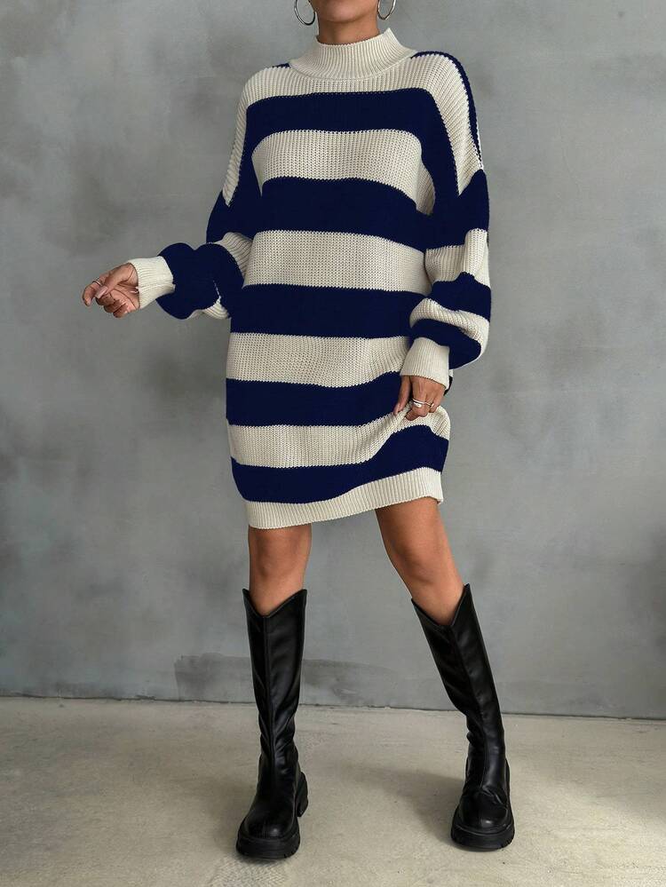 EURMUSE Women Drop Shoulder Sweater Dress With Navy And White Pattern Date Everyday Autumn Casual Elegant - Royal Blue - View 8