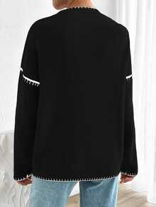 EURMUSE Women Solid Color Deep V-Neck Handmade Stitch Detailed Cardigan - Black - View 2