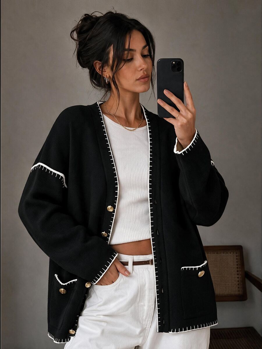 EURMUSE Women Solid Color Deep V-Neck Handmade Stitch Detailed Cardigan - Black - View 1