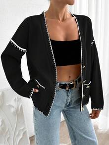 EURMUSE Women Solid Color Deep V-Neck Handmade Stitch Detailed Cardigan - Black - View 6