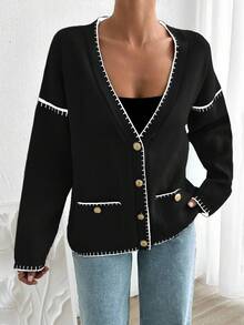 EURMUSE Women Solid Color Deep V-Neck Handmade Stitch Detailed Cardigan - Black - View 5