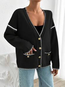 EURMUSE Women Solid Color Deep V-Neck Handmade Stitch Detailed Cardigan - Black - View 7