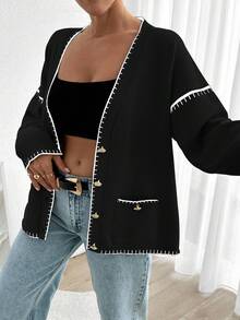 EURMUSE Women Solid Color Deep V-Neck Handmade Stitch Detailed Cardigan - Black - View 8