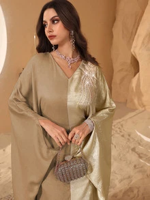 Al Najma Middle Eastern Style Elegant Batwing Sleeve Patchwork Jacquard Dubai Turkey Abaya Dress, Slimming - Khaki - View 5