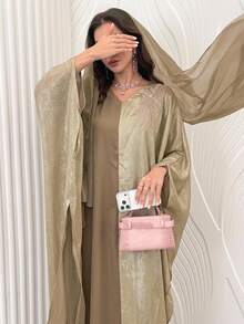 Al Najma Middle Eastern Style Elegant Batwing Sleeve Patchwork Jacquard Dubai Turkey Abaya Dress, Slimming - Khaki - View 1