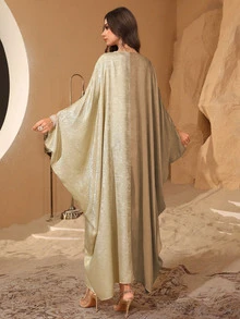 Al Najma Middle Eastern Style Elegant Batwing Sleeve Patchwork Jacquard Dubai Turkey Abaya Dress, Slimming - Khaki - View 2