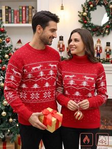 Manfinity Homme كنزة صوفية رجالية برقبة طاقم بنمط عيد الميلاد باللون الأحمر مع سحاب نصف، مناسبة للأزواج والعائلات للارتداء. - الأحمر - مشاهدة 1