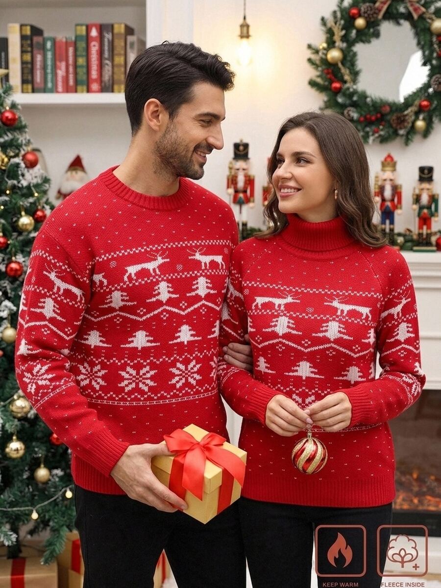 Manfinity Homme كنزة صوفية رجالية برقبة طاقم بنمط عيد الميلاد باللون الأحمر مع سحاب نصف، مناسبة للأزواج والعائلات للارتداء. - الأحمر - مشاهدة 1