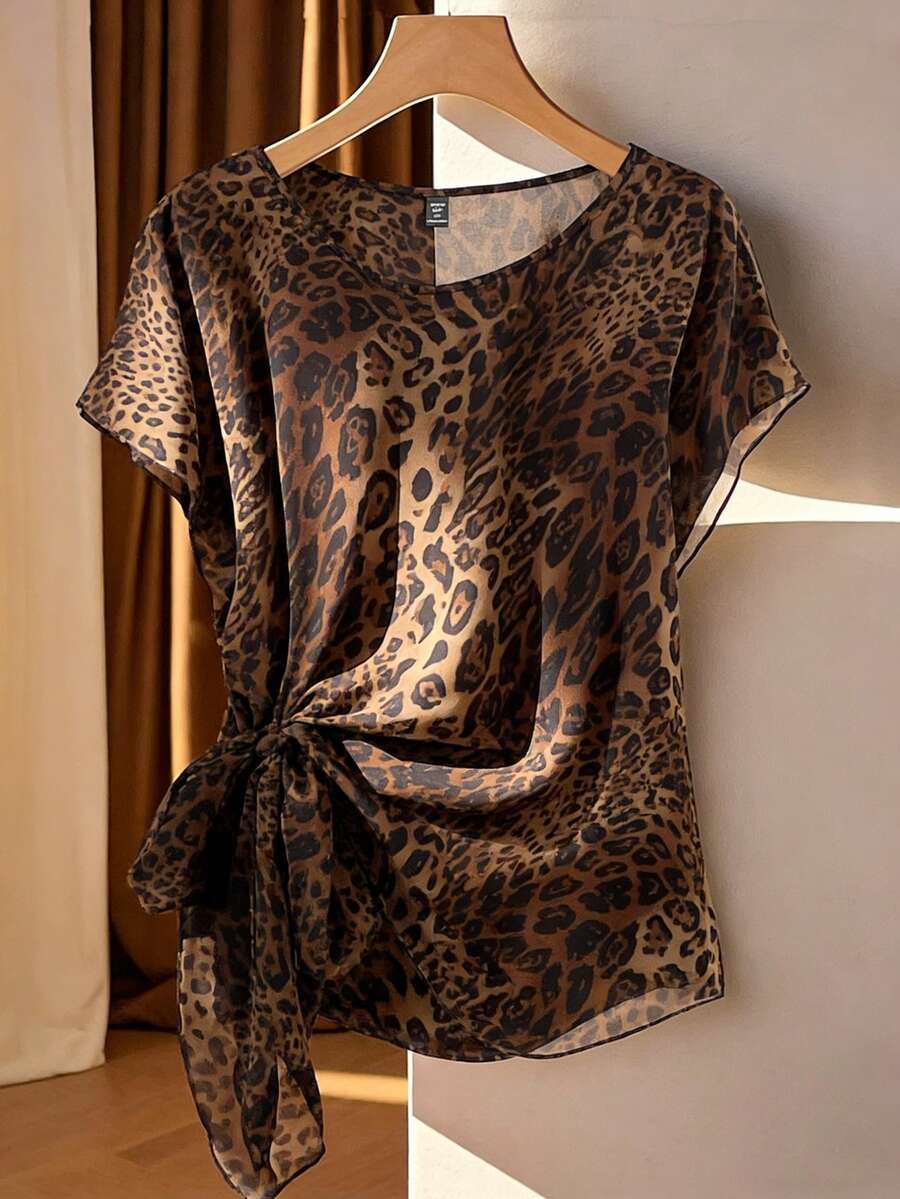 Franclia Plus Size Leopard Print Chiffon Tie-Bow Blouse, Spring/Summer Date Night Going Out Formal Vacation Brunch Brown Casual Sexy Elegant - Coffee Brown - View 1