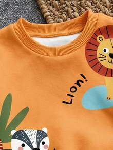 Infant Toddler Round Neck Long Sleeve Sweatshirt & Pants Casual Comfortable Set, Classic Cute Cartoon Hand-Drawn Animal Print, Lion & Raccoon Cartoon Character Print, Suitable For Autumn/Winter - Multicolor - View 5
