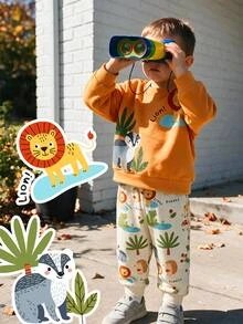 Infant Toddler Round Neck Long Sleeve Sweatshirt & Pants Casual Comfortable Set, Classic Cute Cartoon Hand-Drawn Animal Print, Lion & Raccoon Cartoon Character Print, Suitable For Autumn/Winter - Multicolor - View 2