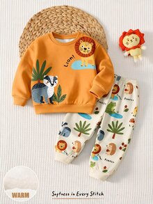 Infant Toddler Round Neck Long Sleeve Sweatshirt & Pants Casual Comfortable Set, Classic Cute Cartoon Hand-Drawn Animal Print, Lion & Raccoon Cartoon Character Print, Suitable For Autumn/Winter - Multicolor - View 6