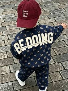 SHEIN Baby Boy Autumn/Winter Casual Letter Print Sweatshirt & Sweatpants Set - Multicolor - View 1