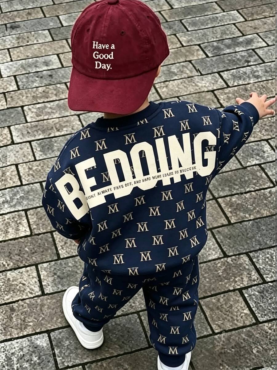 SHEIN Baby Boy Autumn/Winter Casual Letter Print Sweatshirt & Sweatpants Set - Multicolor - View 1
