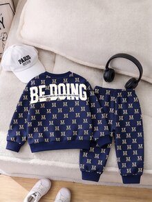 SHEIN Baby Boy Autumn/Winter Casual Letter Print Sweatshirt & Sweatpants Set - Multicolor - View 4