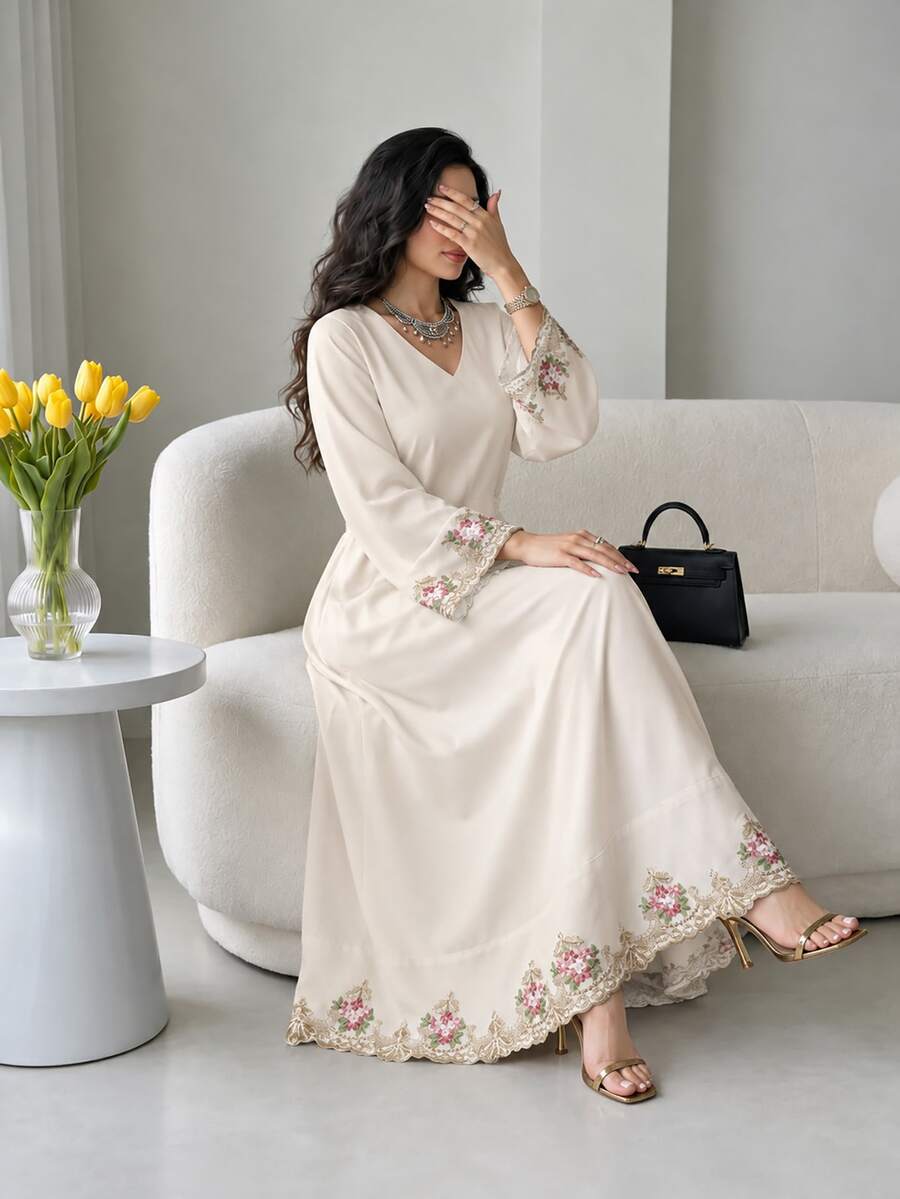 Al Najma Elegant Applique Decor Arabic Style Dress For Women - Apricot - View 1