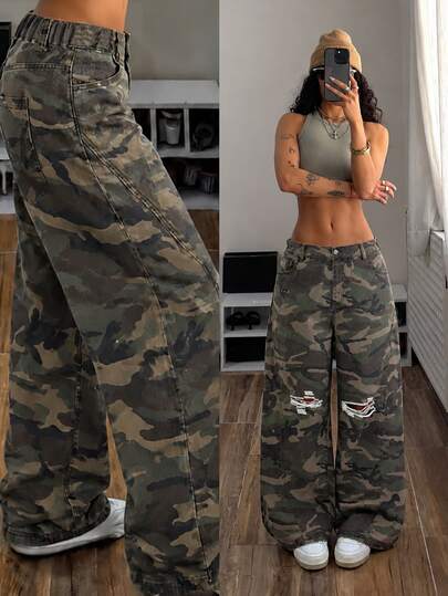 StreetHx Women's Plus Size American Vintage Camouflage Curved Leg High Waist Casual Wide Leg Denim Jeans,Fall/Winter,New Year Outfit