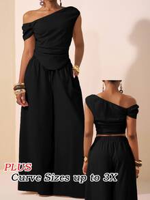 Veslaya Women Plus Size 2-Piece Set Black,Autumn,Elegant,Formal,Evening,Night Out Club Asymmetric Shoulder Ruched Crop Top & Wide Leg Pants With Pockets - Black - View 3