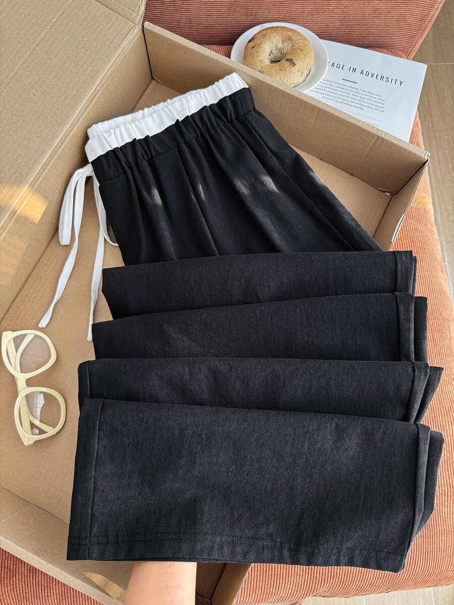 Comfortcana Plus Size Women's Colorblock Casual Daily Wear Long Pants - Black - View 1