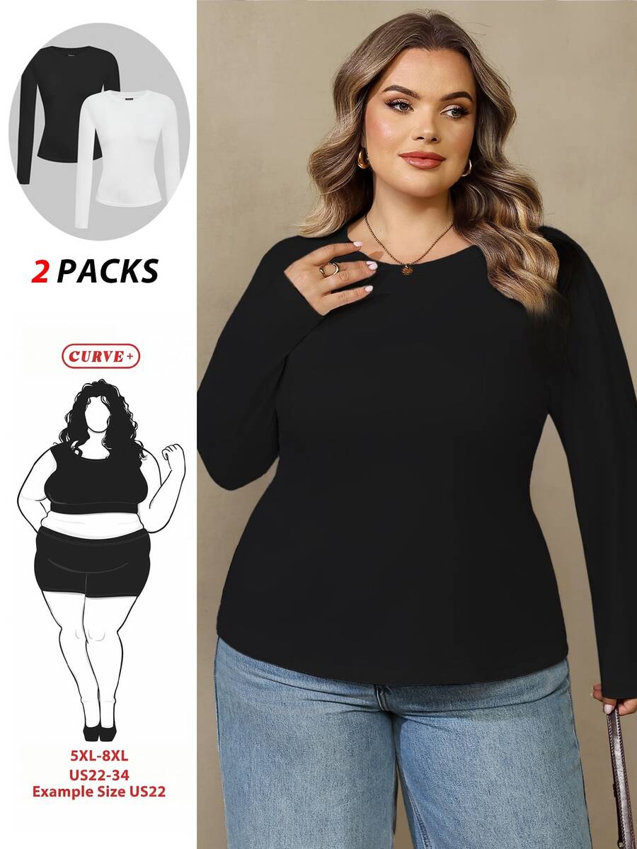 SHEIN CURVE+ 2 قطعة تي شيرت مقاس كبير - بني مخاوي - مشاهدة 1