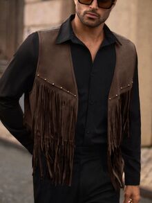 HIMLAND Men's Suede Studded Tassel Jacket - Brown - View 5