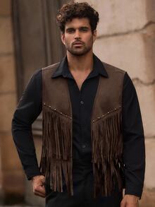 HIMLAND Men's Suede Studded Tassel Jacket - Brown - View 3