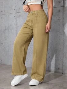 SHEIN PETITE 女款寬腿鬆垮休閒百搭牛仔褲，附口袋，冬季，小個女款 - 卡其色 - 查看 5