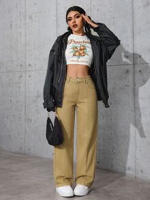 SHEIN PETITE 女款寬腿鬆垮休閒百搭牛仔褲，附口袋，冬季，小個女款 - 卡其色 - 查看 4