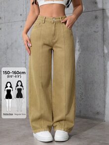 SHEIN PETITE 女款寬腿鬆垮休閒百搭牛仔褲，附口袋，冬季，小個女款 - 卡其色 - 查看 6