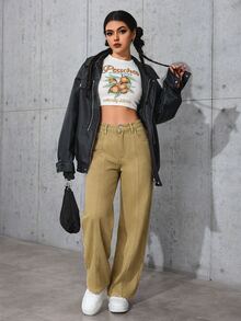 SHEIN PETITE 女款寬腿鬆垮休閒百搭牛仔褲，附口袋，冬季，小個女款 - 卡其色 - 查看 7