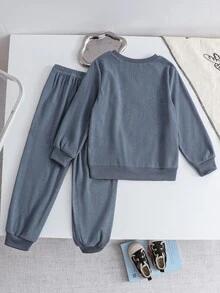SHEIN 2pcs Boys' Fashion Blue Sweatshirt & Matching Pants Set, Embroidered Chest Design, Stylish Streetwear, Soft Comfortable Fabric, Easy To Wear, Suitable For Spring And Autumn, School And Outings, Essential 2 Pieces Set For Boys - Dusty Blue - View 2