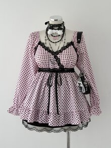 Sunspun Plus Size Women's Casual Cute Sweet Polka Dot Long Sleeve Blouse, Autumn/Winter Fall - Multicolor - View 4