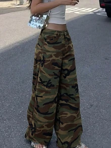 SHEIN 青少年女孩 Y2K 街頭風寬鬆時尚休閒舒適迷彩寬腿牛仔褲，黑色，適合上學、舞會、正式場合、秋季 - 軍綠色 - 查看 6