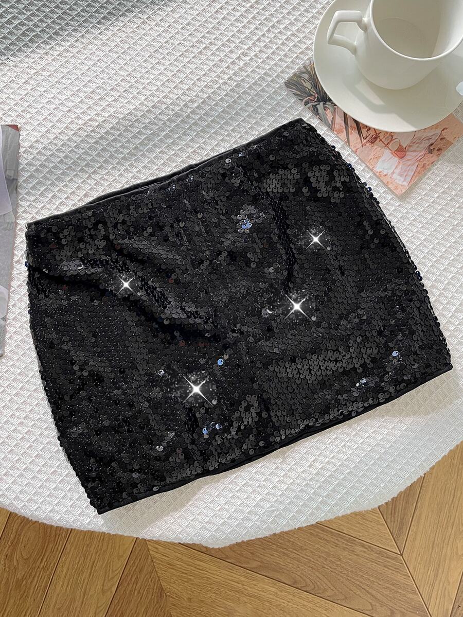 SHEIN تنورة سوداء مزينة بالترتر والخرز للفتيات المراهقات الصغيرات لحفلات العطلات والمسرح والحفلات الموسيقية - الأسود - مشاهدة 1