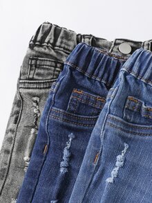 3Pcs Baby Boy Dark Blue Medium-Dark Blue And Light Gray Denim Stretch Tight Hole-Length Jeans - Multicolor - View 3