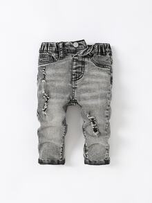3Pcs Baby Boy Dark Blue Medium-Dark Blue And Light Gray Denim Stretch Tight Hole-Length Jeans - Multicolor - View 8