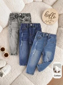 3Pcs Baby Boy Dark Blue Medium-Dark Blue And Light Gray Denim Stretch Tight Hole-Length Jeans - Multicolor - View 10