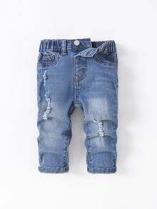 3Pcs Baby Boy Dark Blue Medium-Dark Blue And Light Gray Denim Stretch Tight Hole-Length Jeans - Multicolor - View 9