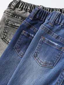 3Pcs Baby Boy Dark Blue Medium-Dark Blue And Light Gray Denim Stretch Tight Hole-Length Jeans - Multicolor - View 4