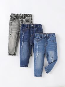 3Pcs Baby Boy Dark Blue Medium-Dark Blue And Light Gray Denim Stretch Tight Hole-Length Jeans - Multicolor - View 1