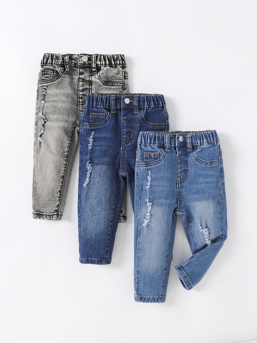 3Pcs Baby Boy Dark Blue Medium-Dark Blue And Light Gray Denim Stretch Tight Hole-Length Jeans - Multicolor - View 1