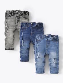 3Pcs Baby Boy Dark Blue Medium-Dark Blue And Light Gray Denim Stretch Tight Hole-Length Jeans - Multicolor - View 6