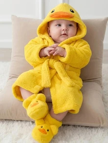 SHEIN Newborn Baby Boy/Girl Cartoon Duck 3D Pattern: Fleece Thick Hooded Long Sleeve Tie-Front Style Clothing Autumn Winter - Yellow - View 1