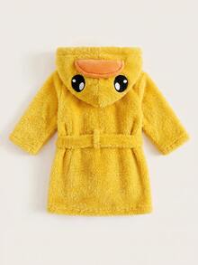 SHEIN Newborn Baby Boy/Girl Cartoon Duck 3D Pattern: Fleece Thick Hooded Long Sleeve Tie-Front Style Clothing Autumn Winter - Yellow - View 5